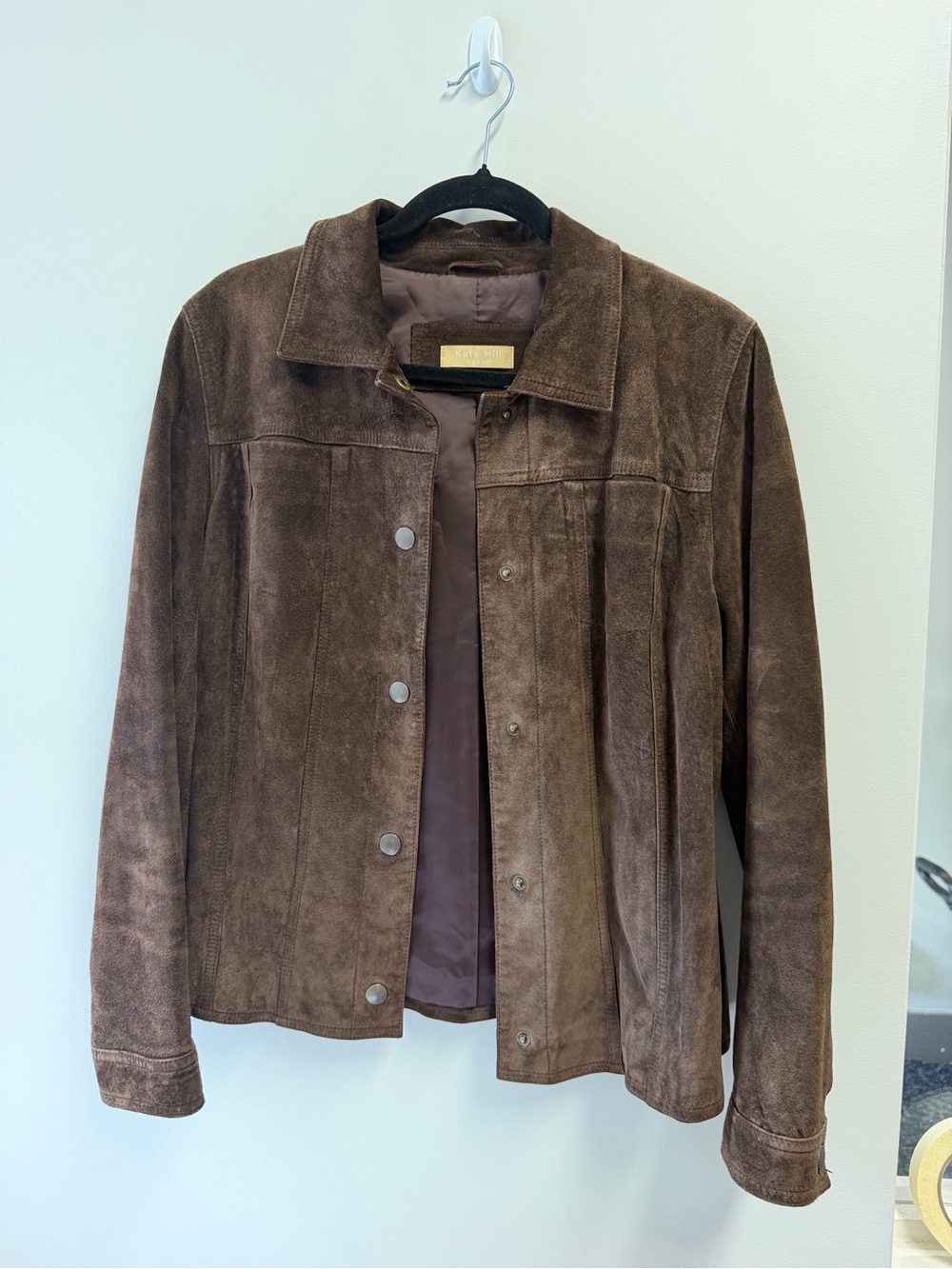 Kate Hill Women’s Brown Leather Button-Front Jacket Lined Pockets Collar 10